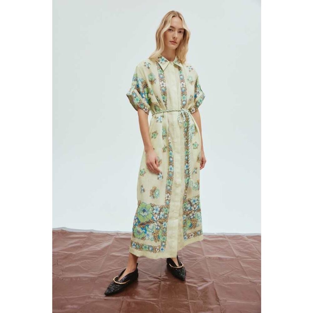 Alemais Velma Garden Button Down European Flax Rope Tie Button Down Midi Dress 0